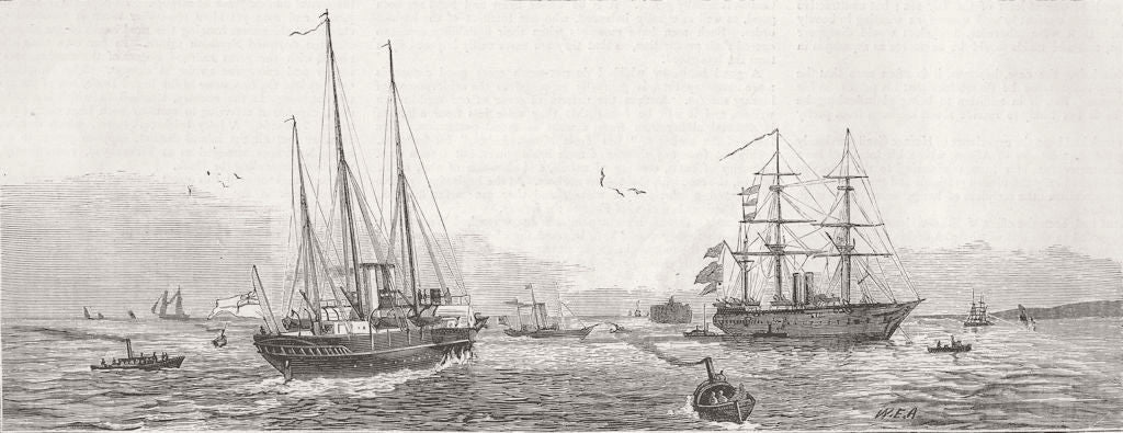 HANTS. HMS Enchantress, Portsmouth Harbour 1879 old antique print picture